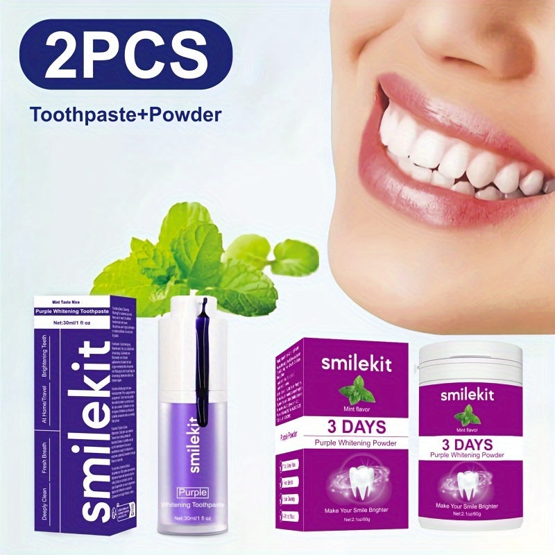 SMILEKIT Kit de blanqueamiento dental, juego de 2 piezas, pasta de dientes blanqueadora con sabor a menta (≤100 ml) y polvo blanqueador morado, fórmula de limpieza profunda para un aliento fresco, cuidado dental apto para el hogar y los viajes