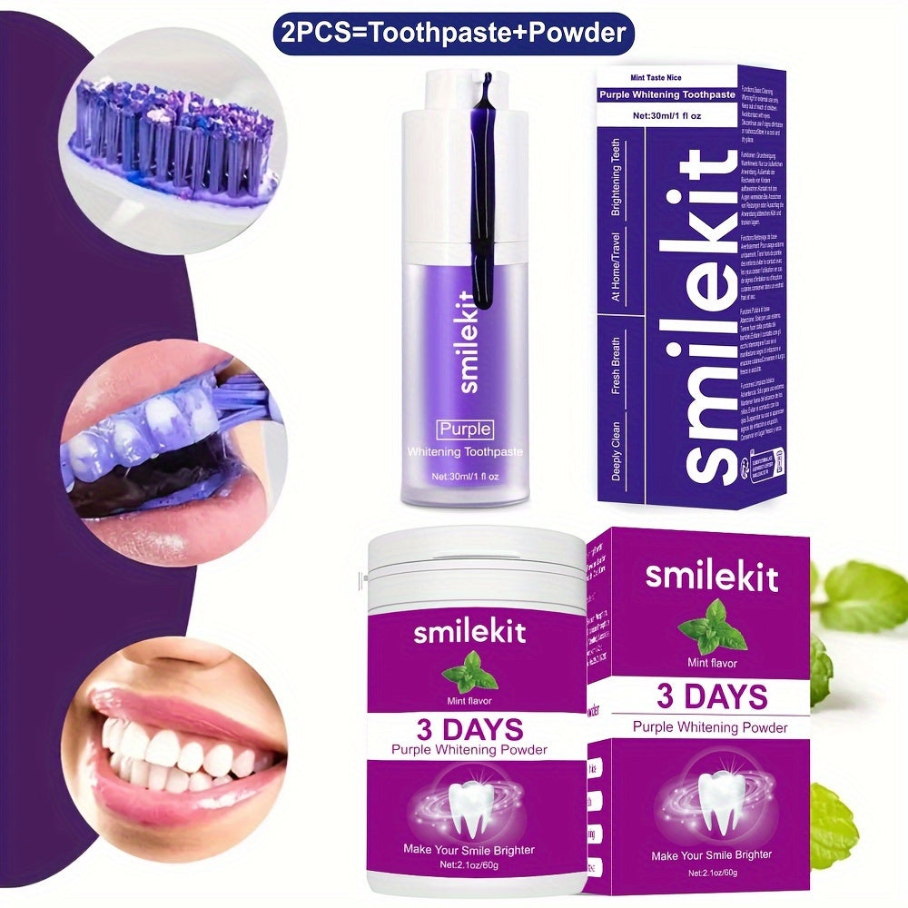 SMILEKIT Kit de blanqueamiento dental, juego de 2 piezas, pasta de dientes blanqueadora con sabor a menta (≤100 ml) y polvo blanqueador morado, fórmula de limpieza profunda para un aliento fresco, cuidado dental apto para el hogar y los viajes