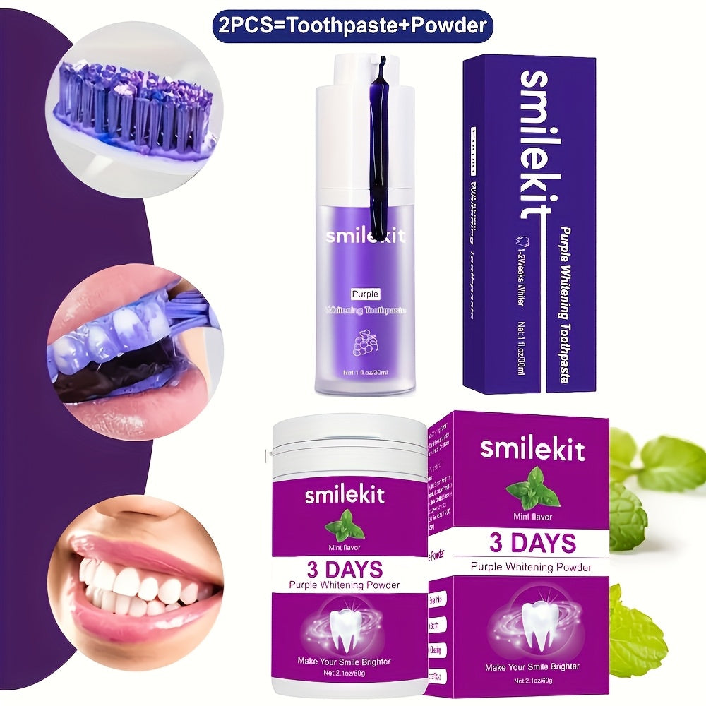 SMILEKIT Teeth Whitening Kit, 2pcs Set with Grape Flavored Whitening Toothpaste and Mint Whitening Paste, Deep Clean Formula for Fresh Breath and Brighter Smile