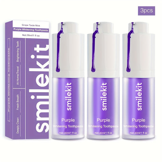 SMILEKIT Pasta de dientes blanqueadora morada con sabor a uva, 3 unidades, limpieza profunda y aliento fresco, 30 ml/1 fl oz