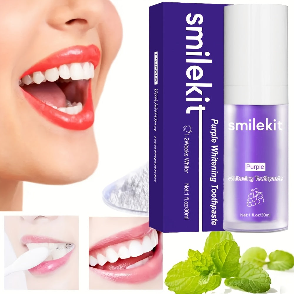 SMILEKIT Kit de blanqueamiento dental, juego de 2 piezas con pasta de dientes blanqueadora con sabor a uva y pasta blanqueadora de menta, fórmula de limpieza profunda para un aliento fresco y una sonrisa más brillante