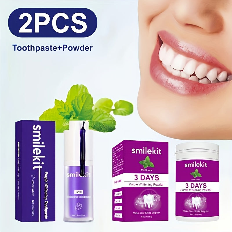 SMILEKIT Kit de blanqueamiento dental, juego de 2 piezas con pasta de dientes blanqueadora con sabor a uva y pasta blanqueadora de menta, fórmula de limpieza profunda para un aliento fresco y una sonrisa más brillante